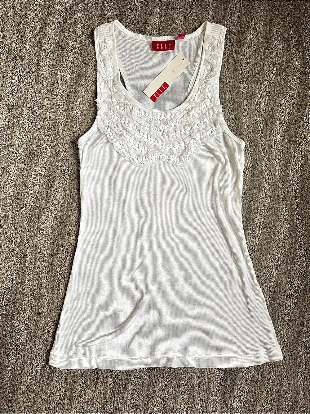 ELLE Ruffled Novelty Knit Tank Top Ruffled Ribbed Tank Top White Medium